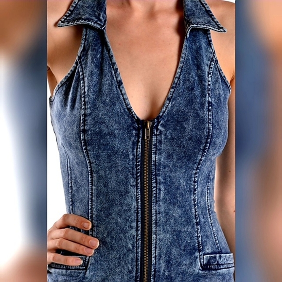 New knit acid wash zipper short denim mini dress size Medium - Picture 4 of 8
